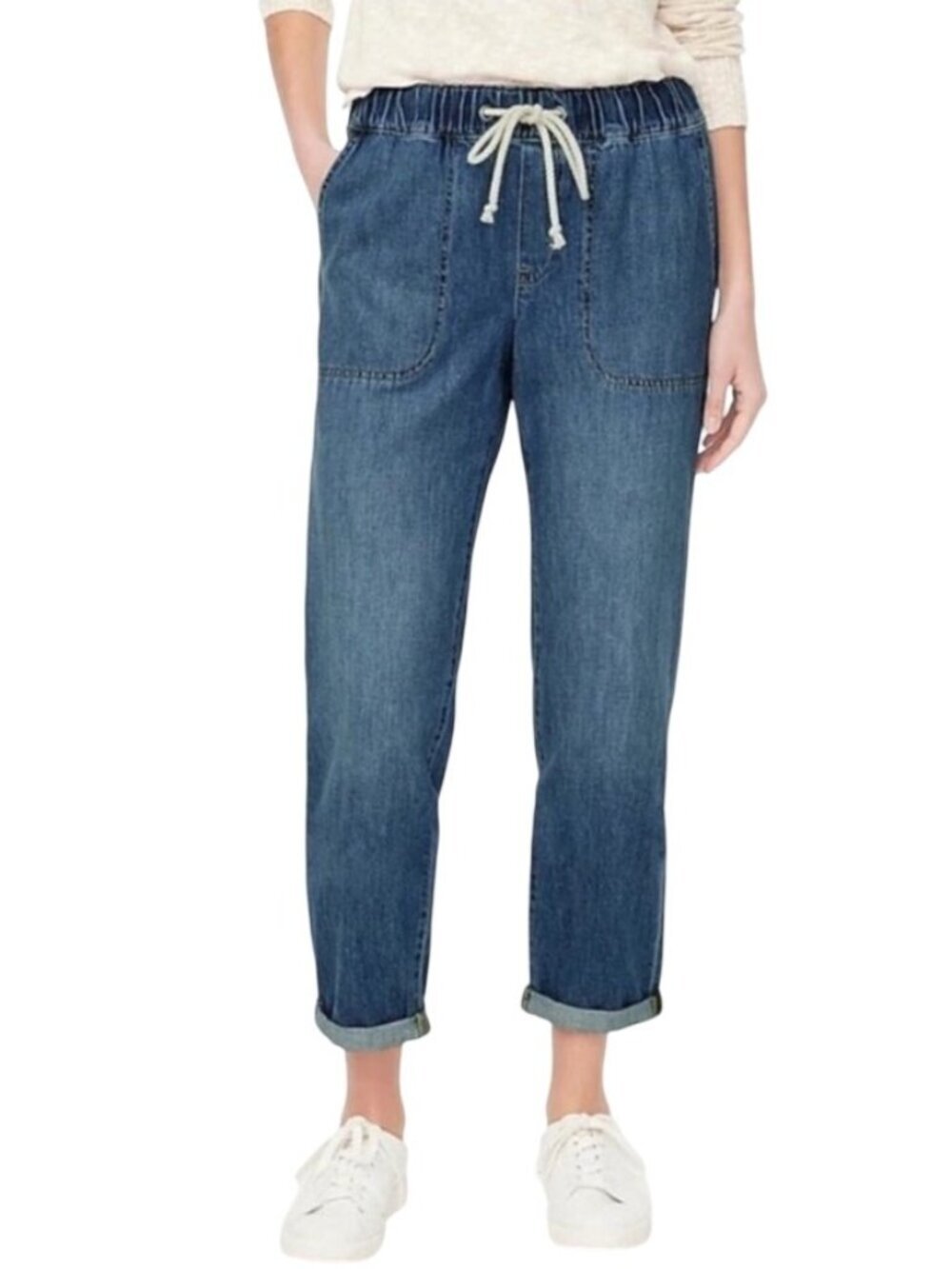 J.Crew Womens Drawstring Elastic Waist patch pocket Denim Pants Relaxed Size 32